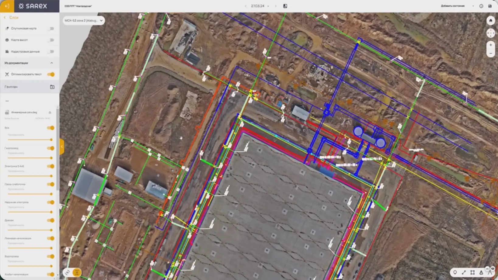 Наложение генплана на ортофотоплан для проверки ведущих скрытых инженерных сетей в платформе Sarex